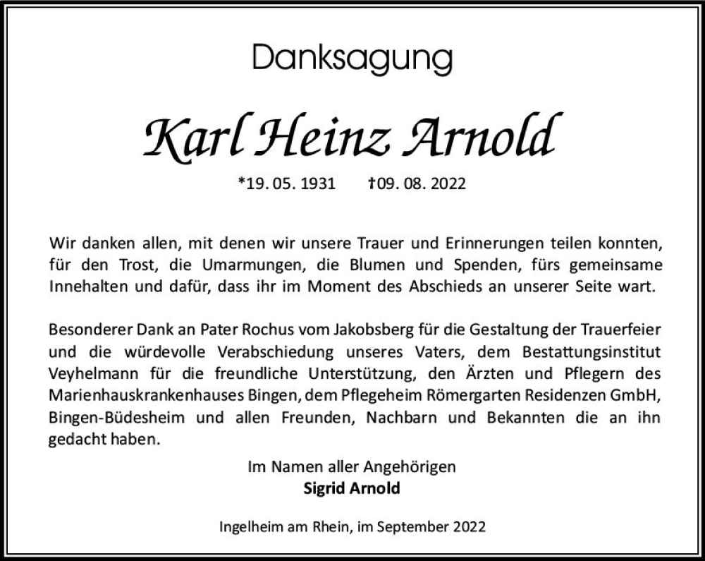  Traueranzeige für Kart Heinz Arnord vom 10.09.2022 aus vrm-trauer Allgemeine  Zeitung Ingelheim-Bingen
