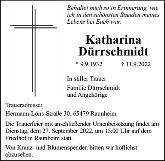 Traueranzeige von Katharina Dürrschmidt von vrm-trauer Rüsselsheimer Echo / MainSpitze