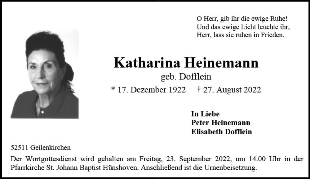  Traueranzeige für Katharina Heinemann vom 17.09.2022 aus vrm-trauer Groß-Gerauer Echo