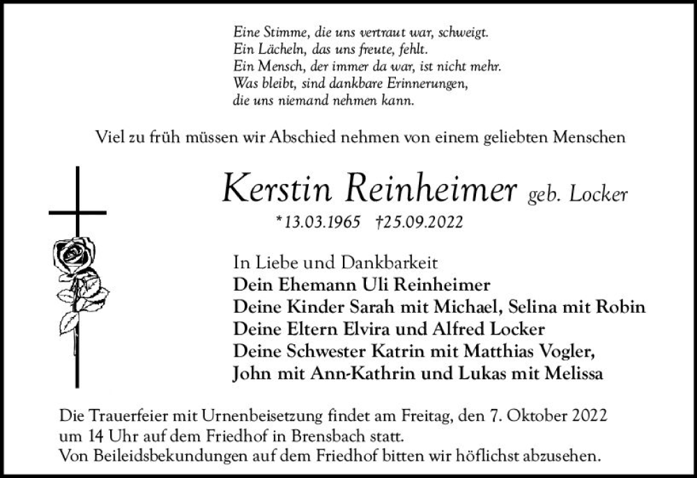  Traueranzeige für Kerstin Reinheimer vom 01.10.2022 aus vrm-trauer Odenwälder Echo