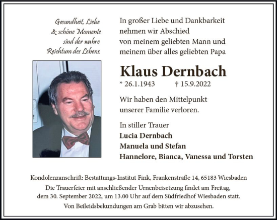 Traueranzeige von Klaus Dernbach von vrm-trauer Wiesbadener Kurier