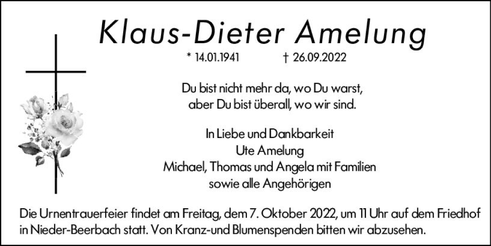  Traueranzeige für Klaus-Dieter Amelung vom 01.10.2022 aus vrm-trauer Darmstädter Echo