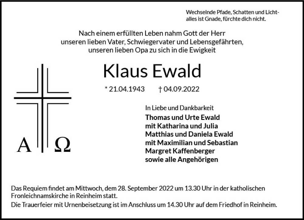  Traueranzeige für Klaus Ewald vom 24.09.2022 aus vrm-trauer Odenwälder Echo