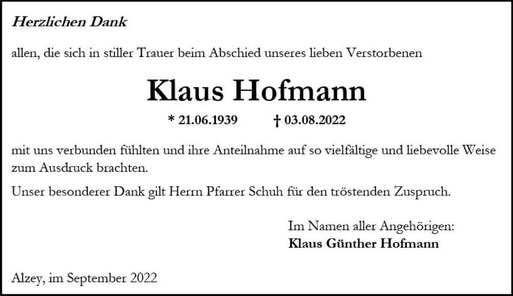  Traueranzeige für Klaus Hofmann vom 10.09.2022 aus vrm-trauer Allgemeine Zeitung Alzey