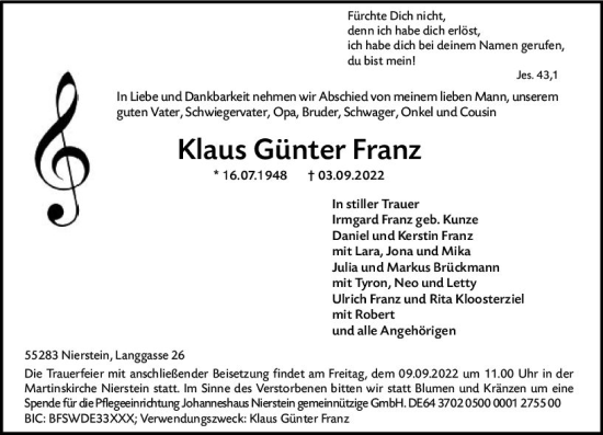 Traueranzeige von Klaus Günter Franz von vrm-trauer AZ Mainz