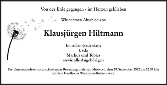 Traueranzeige von Klausjürgen Hiltmann von vrm-trauer Wiesbadener Kurier
