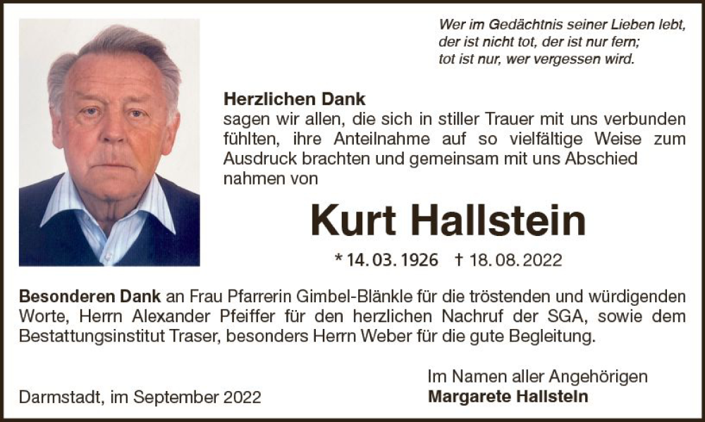  Traueranzeige für Kurt Hallstein vom 10.09.2022 aus vrm-trauer Darmstädter Echo