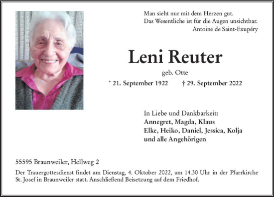 Traueranzeige von Leni Reuter von vrm-trauer Allg. Zeitung Bad Kreuznach