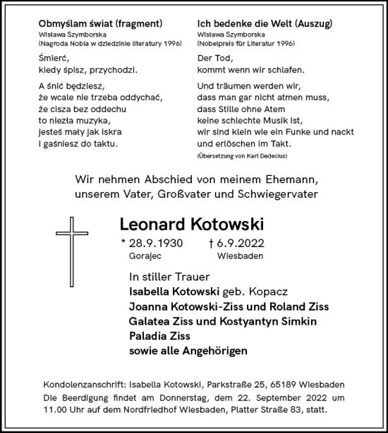 Traueranzeige von Leonard Kotowski von vrm-trauer Wiesbadener Kurier