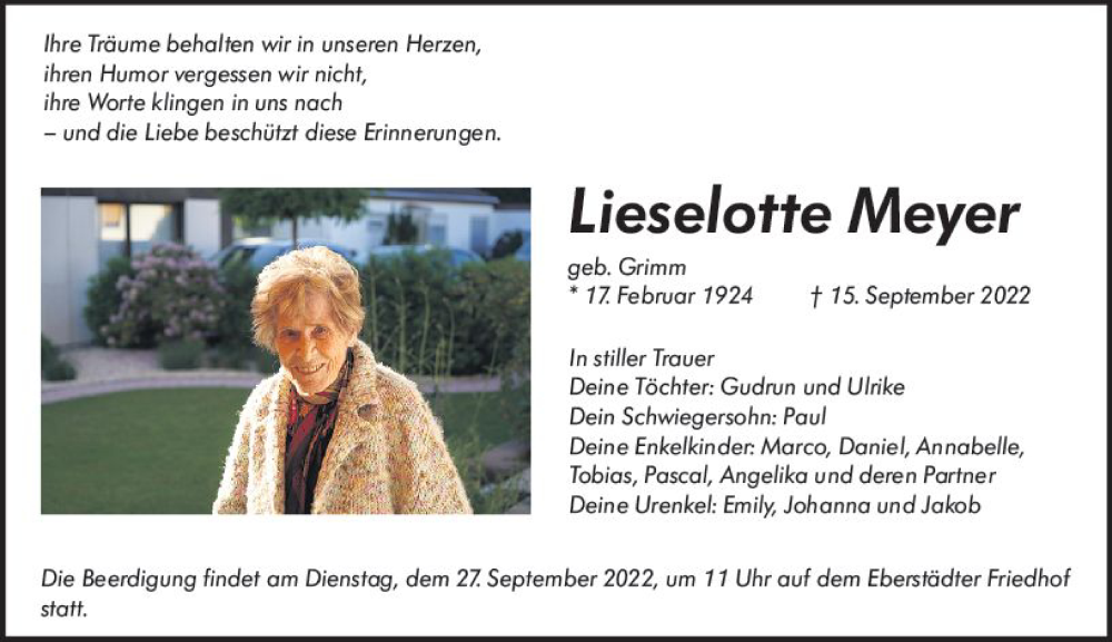  Traueranzeige für Lieselotte Meyer vom 21.09.2022 aus vrm-trauer Darmstädter Echo