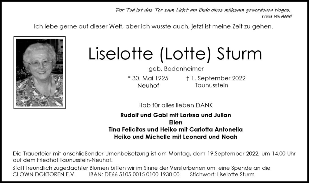  Traueranzeige für Liselotte Sturm vom 10.09.2022 aus vrm-trauer WK-UTA