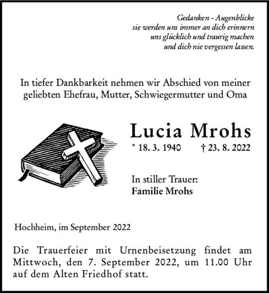  Traueranzeige für Lucia Mrohs vom 02.09.2022 aus vrm-trauer Hochheimer Zeitung