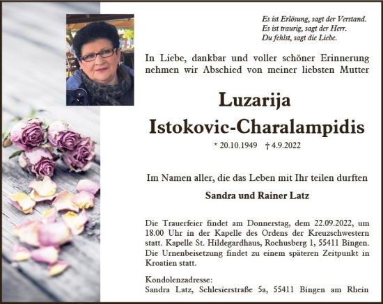 Traueranzeige von Luzarija Istokovic-Charalampidis von vrm-trauer Allgemeine  Zeitung Ingelheim-Bingen