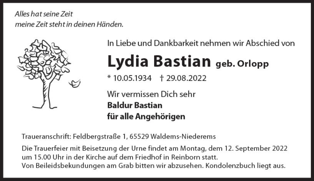  Traueranzeige für Lydia Bastian vom 03.09.2022 aus vrm-trauer Idsteiner Zeitung