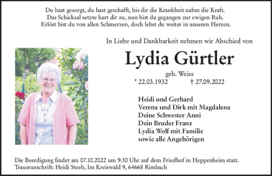 Traueranzeige von Lydia Gürtler von vrm-trauer Bürstädter/Lamperth. Ztg/Starkenburger