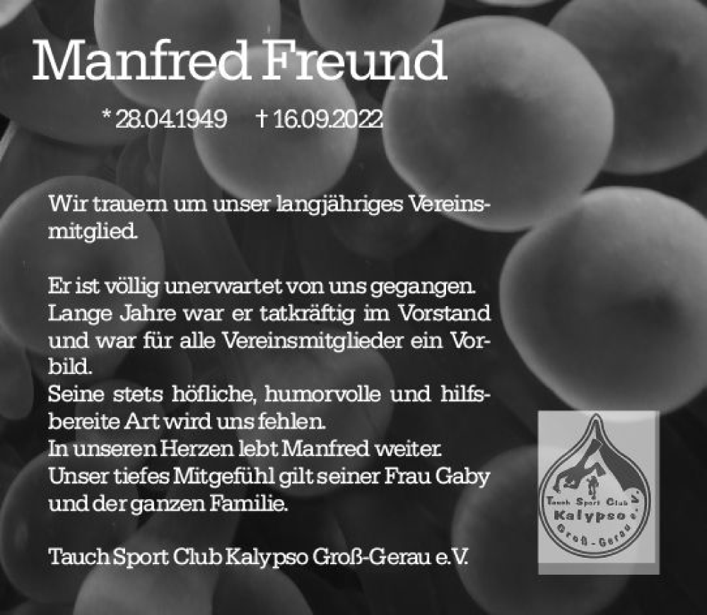  Traueranzeige für Manfred Freund vom 22.09.2022 aus vrm-trauer Groß-Gerauer Echo