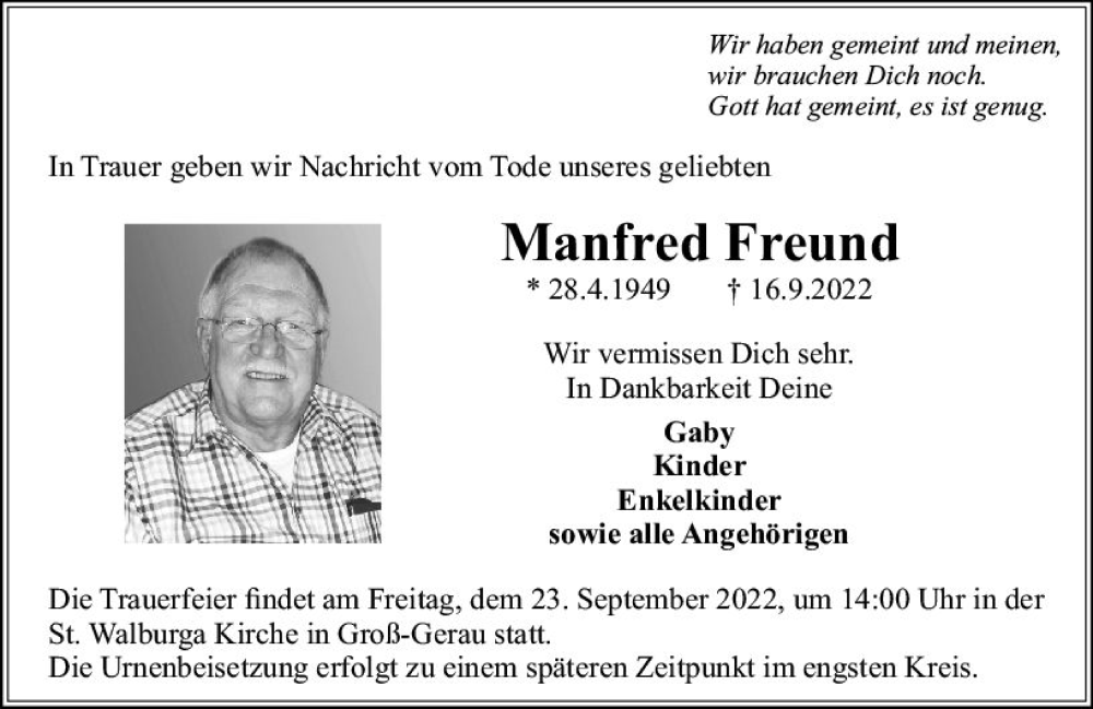  Traueranzeige für Manfred Freund vom 21.09.2022 aus vrm-trauer Groß-Gerauer Echo