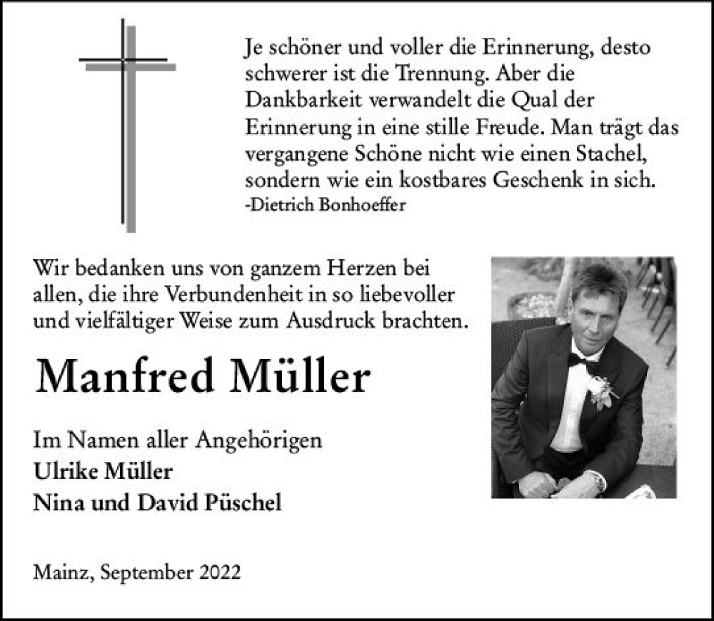  Traueranzeige für Manfred Müller vom 10.09.2022 aus vrm-trauer AZ Mainz