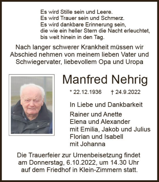 Traueranzeige von Manfred Nehrig von vrm-trauer DieburgerAnzeiger/Groß-Zimmerner Lokala