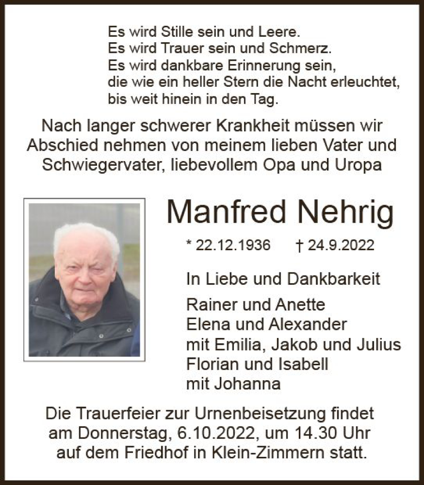  Traueranzeige für Manfred Nehrig vom 01.10.2022 aus vrm-trauer DieburgerAnzeiger/Groß-Zimmerner Lokala