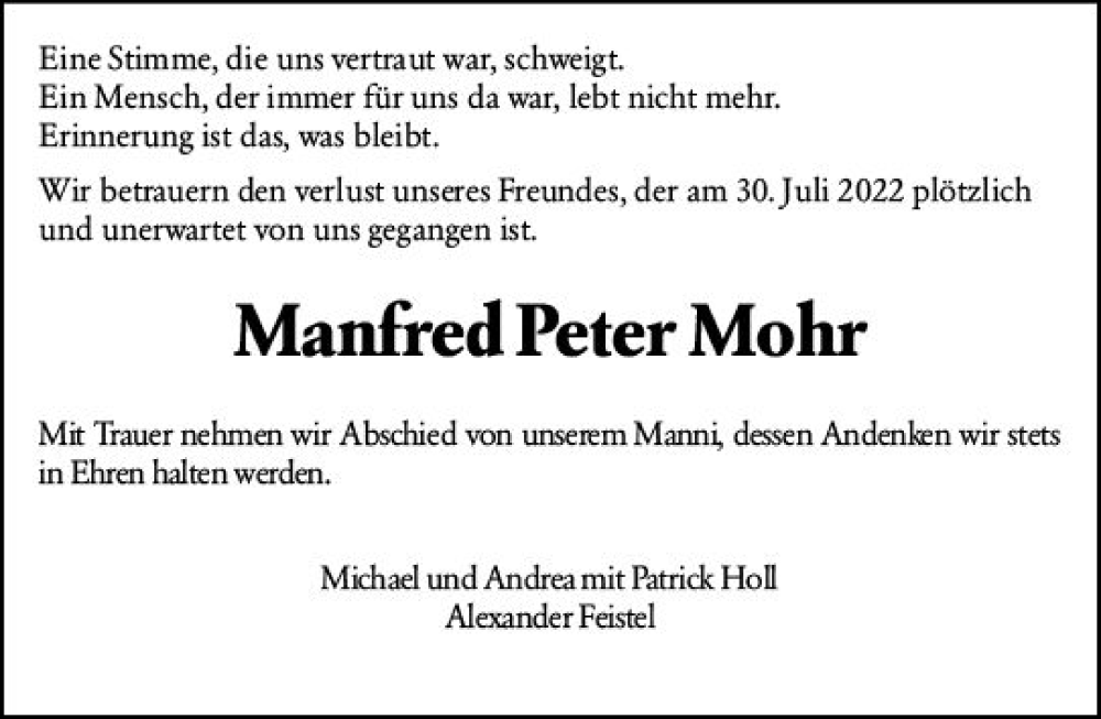  Traueranzeige für Manfred Peter Mohr vom 10.09.2022 aus vrm-trauer Wiesbadener Kurier