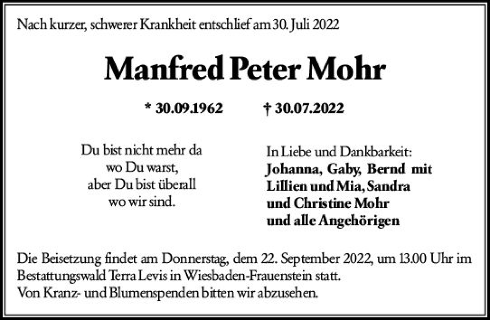  Traueranzeige für Manfred Peter Mohr vom 10.09.2022 aus vrm-trauer Wiesbadener Kurier