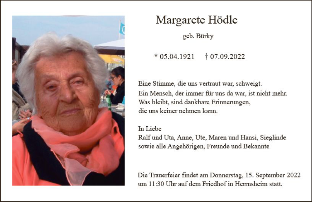  Traueranzeige für Margarete Hödle vom 10.09.2022 aus vrm-trauer Wormser Zeitung