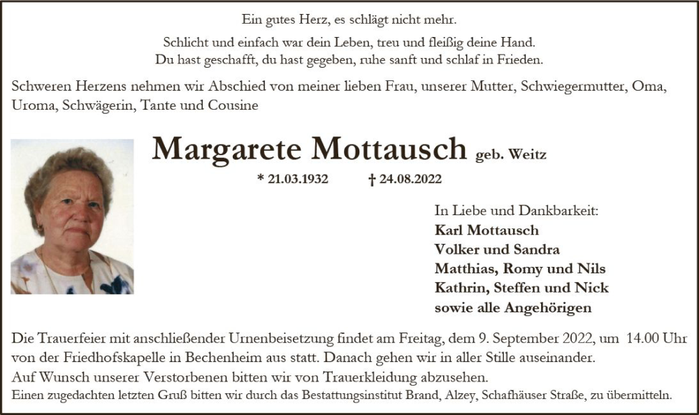  Traueranzeige für Margarete Mottausch vom 03.09.2022 aus vrm-trauer Allgemeine Zeitung Alzey