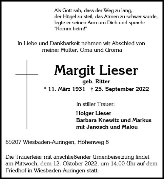 Traueranzeige von Margit Lieser von vrm-trauer Wiesbadener Kurier