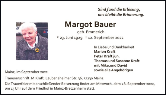 Traueranzeige von Margot Bauer von vrm-trauer AZ Mainz