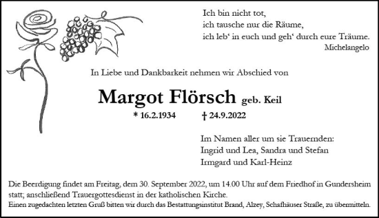 Traueranzeige von Margot Flörsch von vrm-trauer Wormser Zeitung