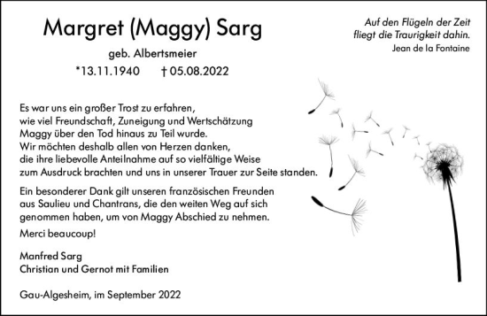Traueranzeige von Margret Sarg von vrm-trauer Allgemeine  Zeitung Ingelheim-Bingen