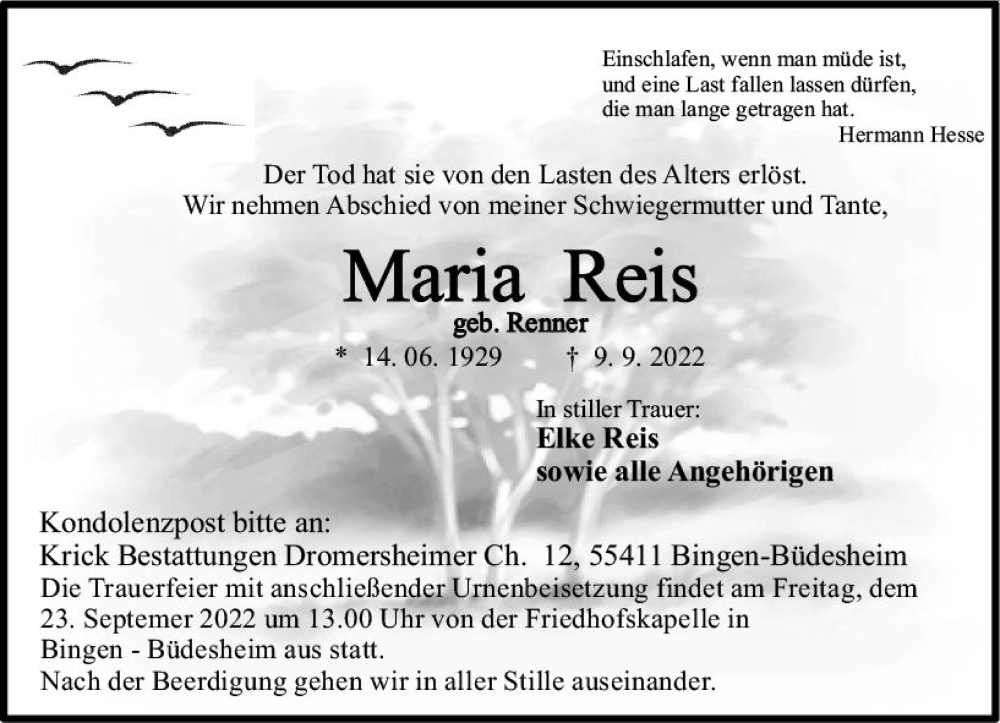  Traueranzeige für Maria Reis vom 17.09.2022 aus vrm-trauer Allgemeine  Zeitung Ingelheim-Bingen