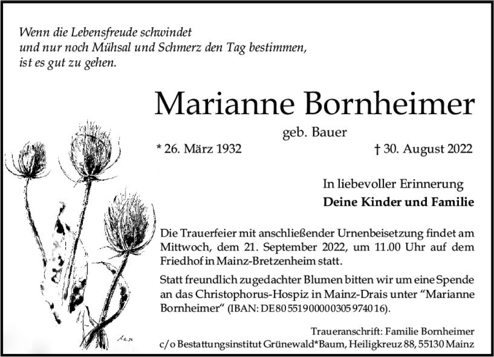  Traueranzeige für Marianne Bornheimer vom 10.09.2022 aus vrm-trauer AZ Mainz