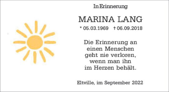Traueranzeige von Marina Lang von vrm-trauer Wiesbadener Kurier