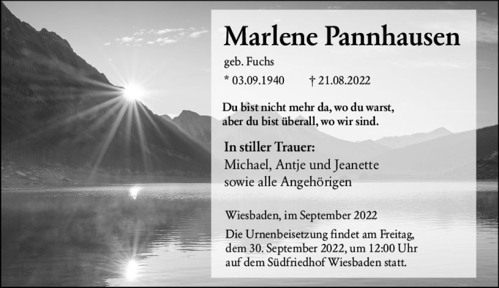  Traueranzeige für Marlene Pannhausen vom 24.09.2022 aus vrm-trauer Wiesbadener Kurier