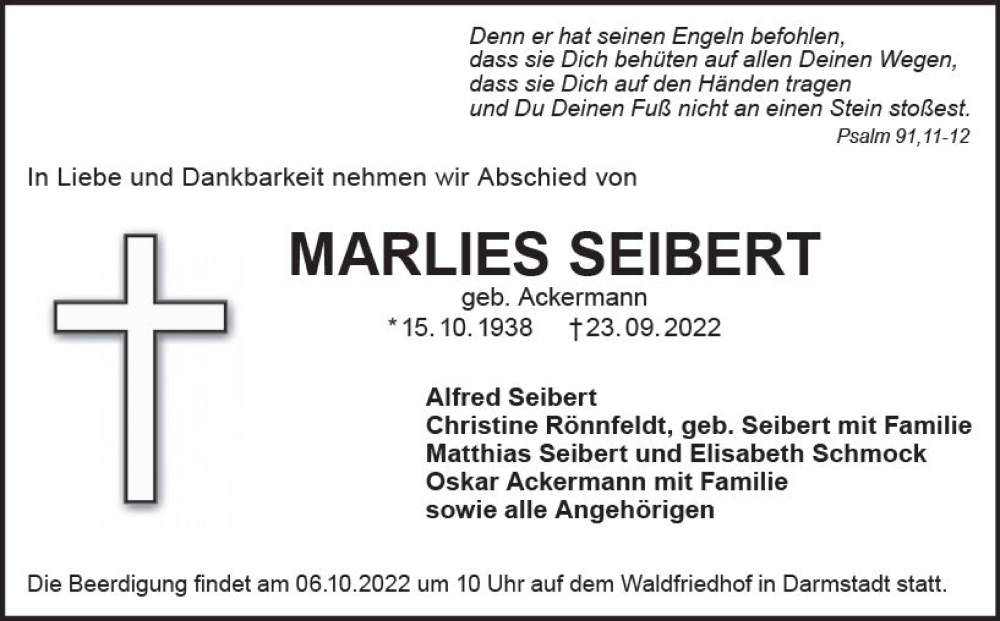  Traueranzeige für Marlies Seibert vom 01.10.2022 aus vrm-trauer Darmstädter Echo