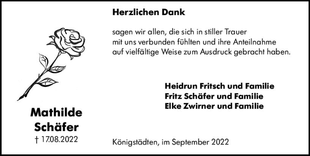  Traueranzeige für Mathilde Schäfer vom 01.10.2022 aus vrm-trauer Rüsselsheimer Echo / MainSpitze
