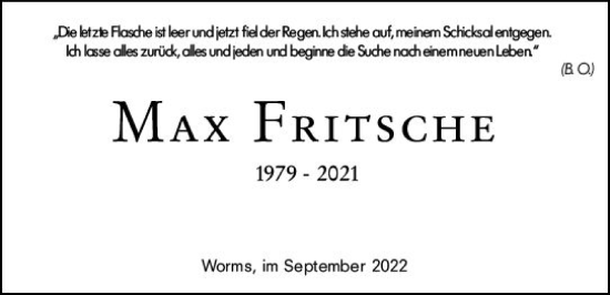 Traueranzeige von Max Fritsche von vrm-trauer Wormser Zeitung