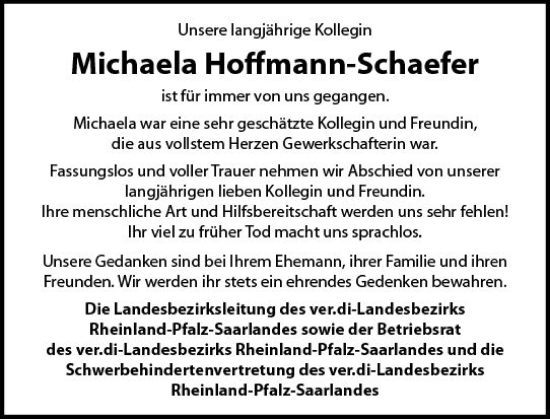 Traueranzeige von Michaela Hoffmann-Schaefer von vrm-trauer AZ Mainz