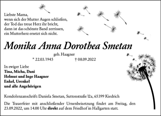Traueranzeige von Monika Anna Dorothea Smetan von vrm-trauer Wiesbadener Kurier