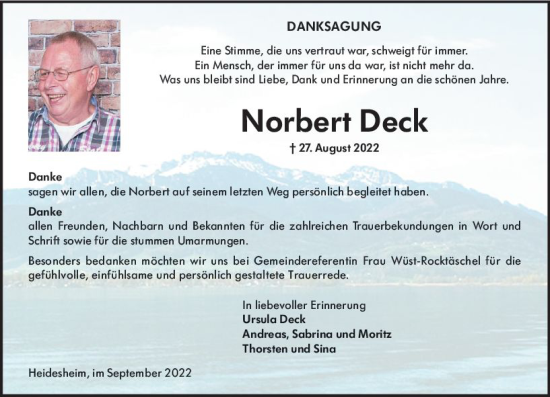 Traueranzeige von Norbert Deck von vrm-trauer Allgemeine  Zeitung Ingelheim-Bingen
