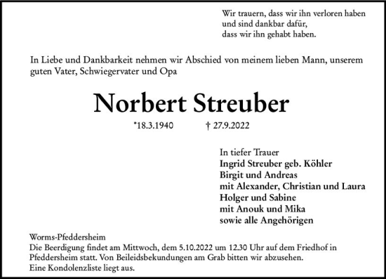 Traueranzeige von Norbert Streuber von vrm-trauer Wormser Zeitung