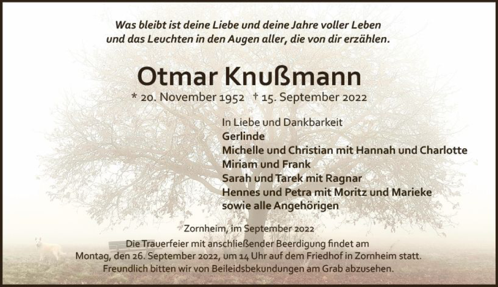 Traueranzeige für Otmar Knußmann vom 21.09.2022 aus vrm-trauer AZ Mainz