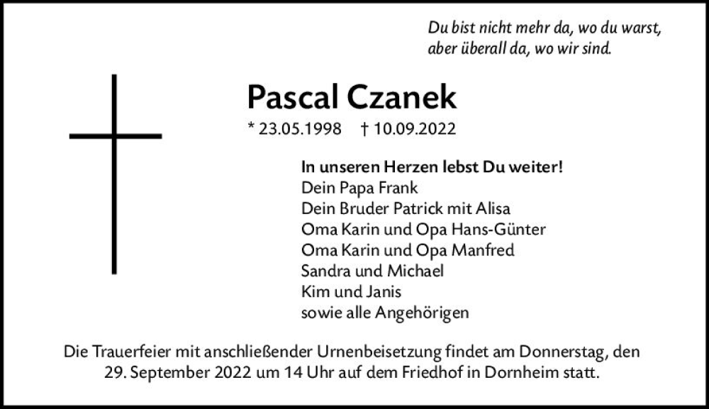  Traueranzeige für Pascal Czanek vom 17.09.2022 aus vrm-trauer Rüsselsheimer Echo / MainSpitze