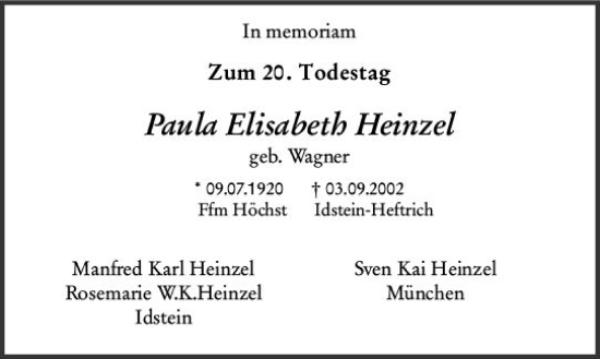 Traueranzeige von Paula Elisabeth Heinzel von vrm-trauer Idsteiner Zeitung