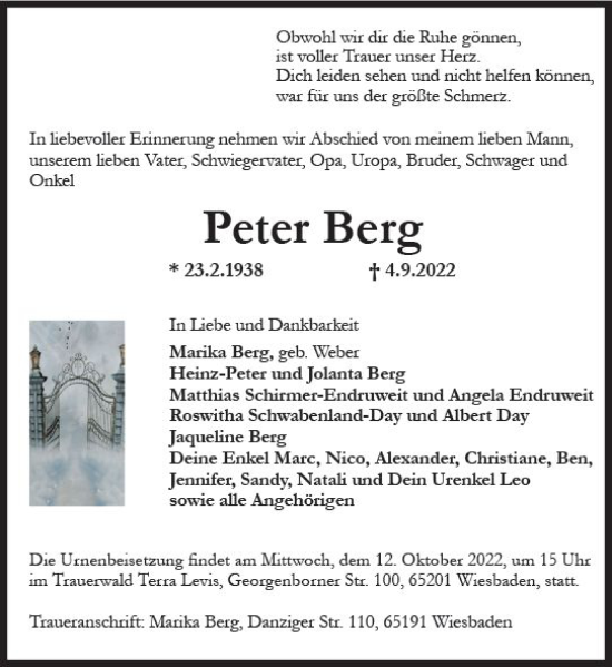 Traueranzeige von Peter Berg von vrm-trauer Wiesbadener Kurier