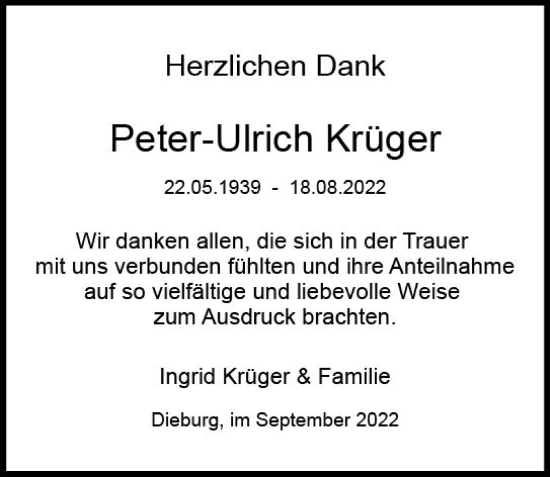 Traueranzeige von Peter-Ulrich Krüger von vrm-trauer DieburgerAnzeiger/Groß-Zimmerner Lokala