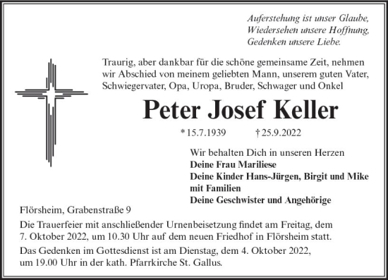 Traueranzeige von Peter Josef Keller von vrm-trauer Rüsselsheimer Echo / MainSpitze