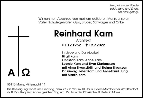 Traueranzeige von Reinhard Karn von vrm-trauer AZ Mainz